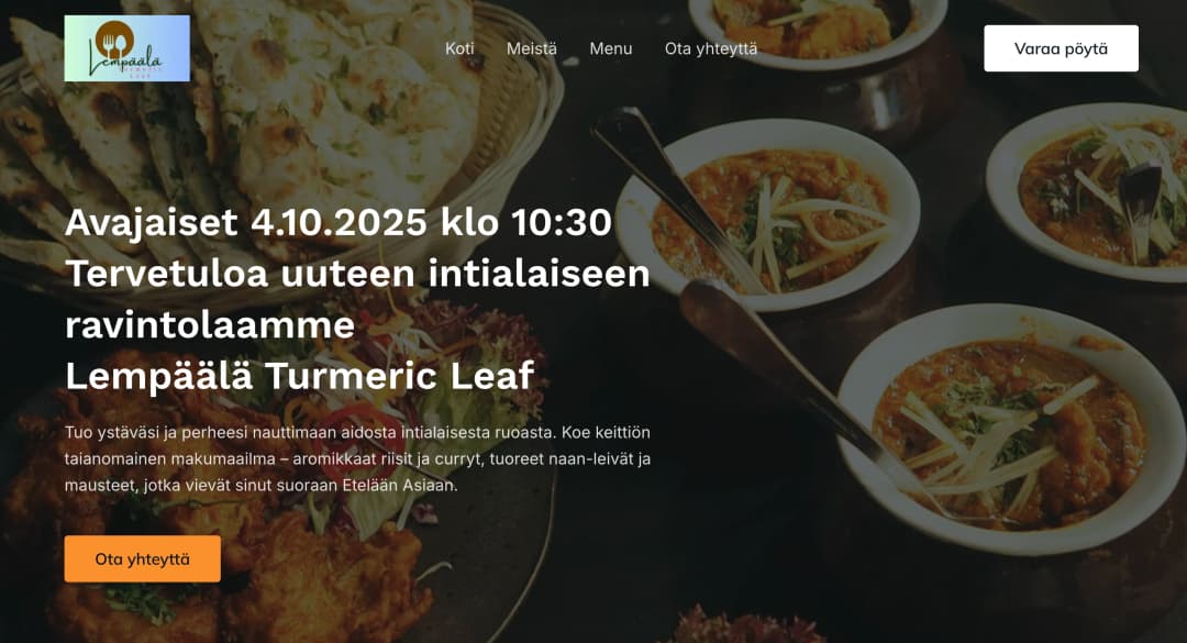 lempäälä turmeric leaf ravintola kotisivuston kuvakappaus